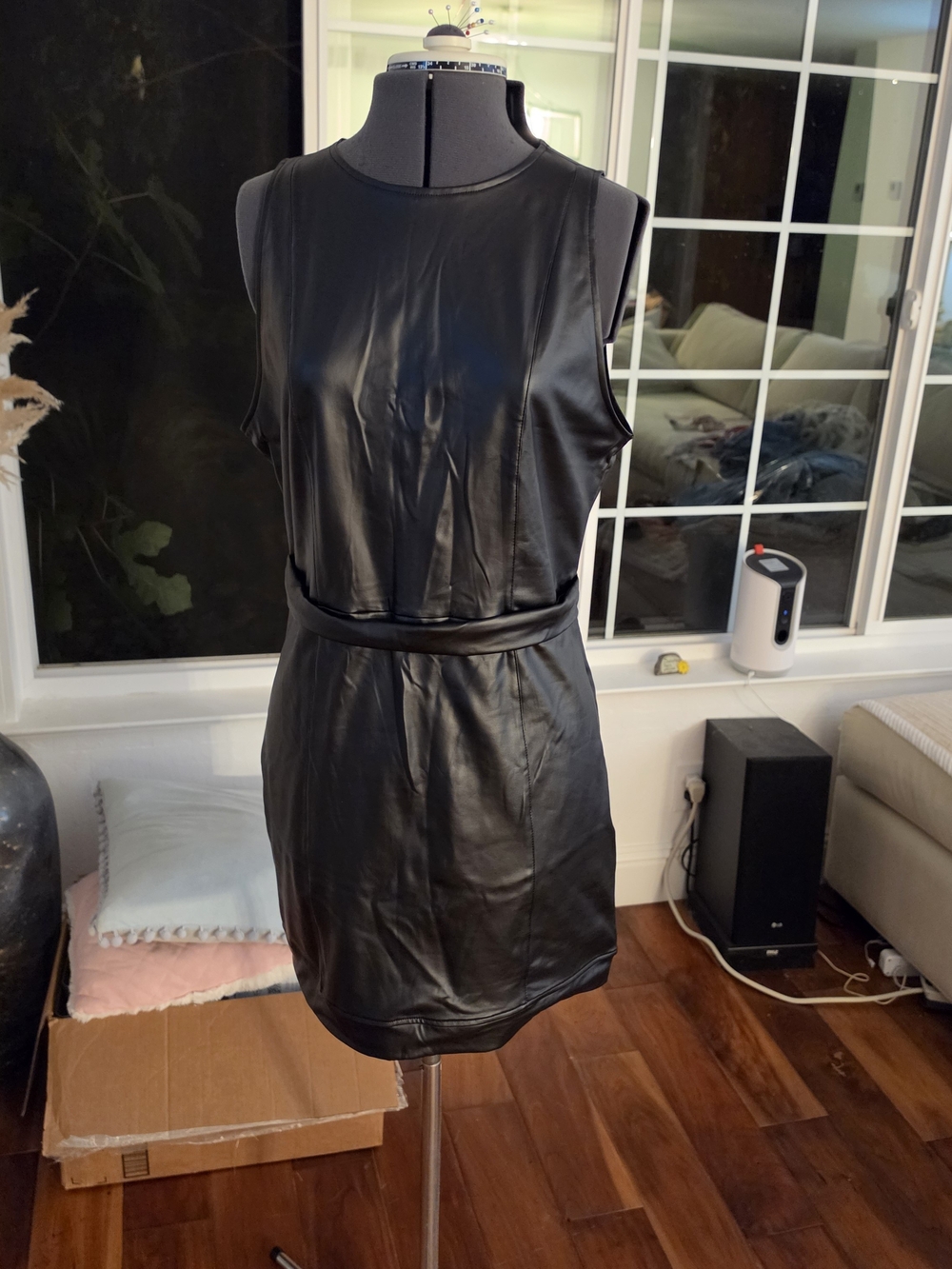 Sleeveless Black Faux Leather Sheath Dress